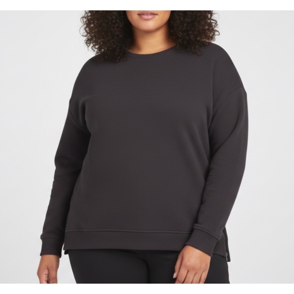 AVIA Ottoman Crew Neck RIBBED KNIT SWEATSHIRT TOP Side Hem Zippers BLACK Plus 3X